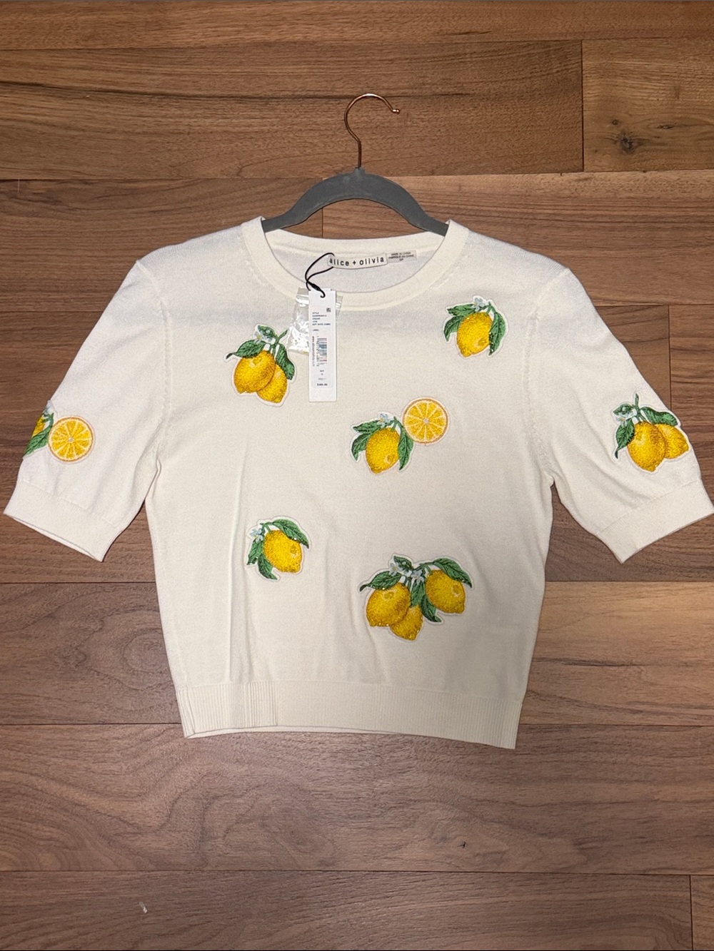 Alice + Olivia Cream Short Sleeve Sweater with Yellow Lemon Embroidery